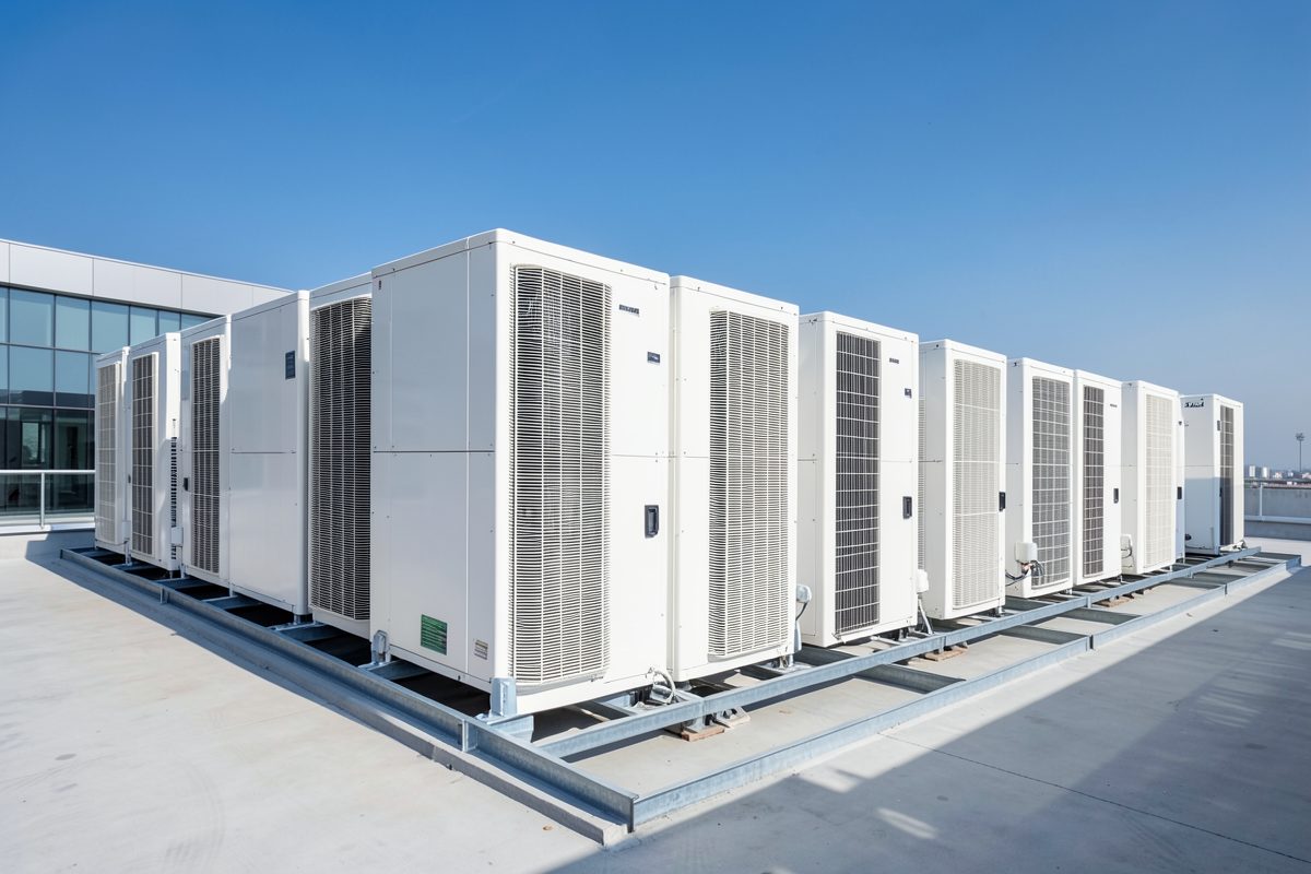 Bank of VRF outdoor condenser units on a rooftop plant deck
