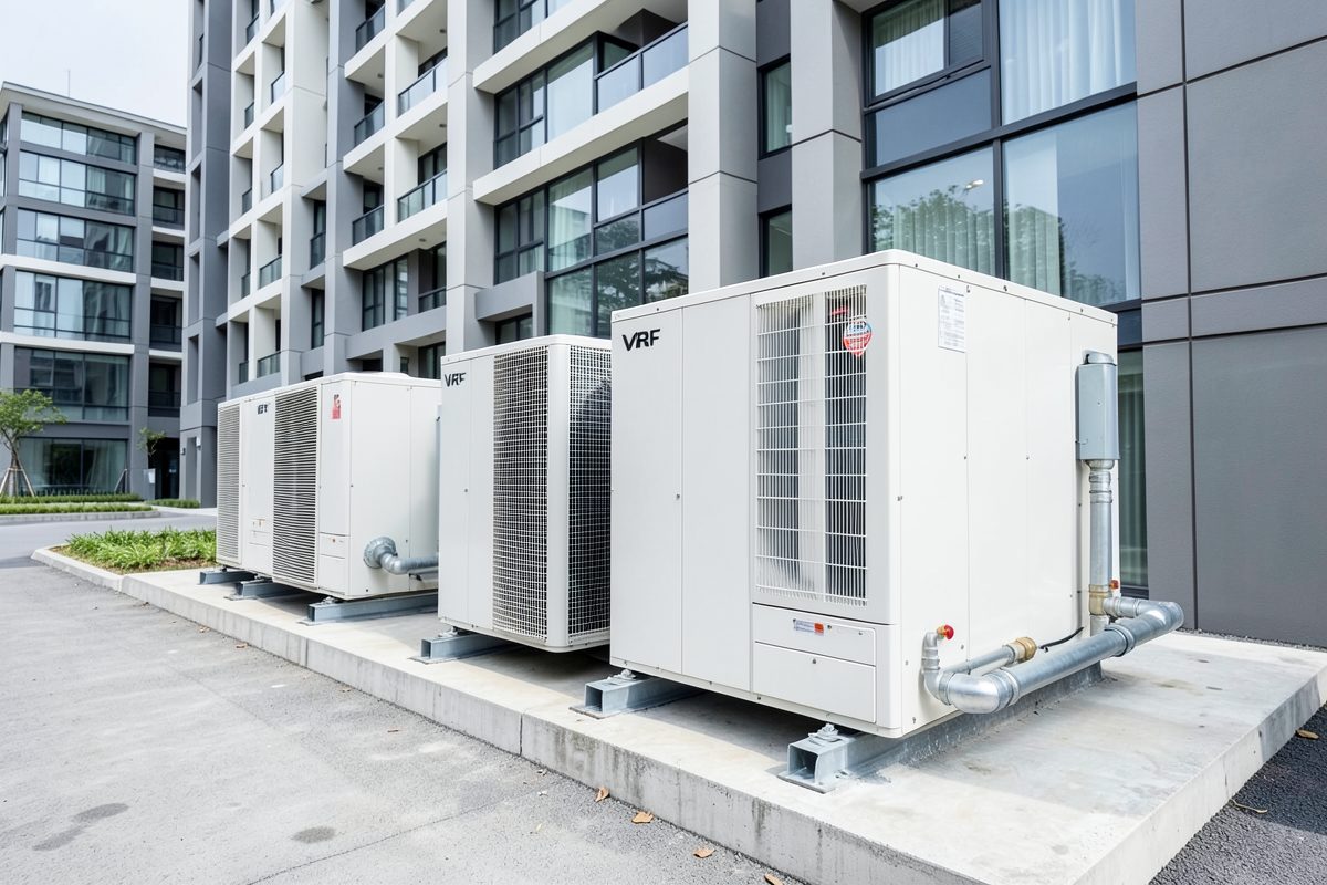 VRF outdoor condenser units installed beside a modern Melbourne building